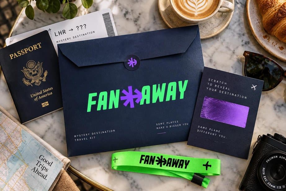 FanAway envelope and wristband on a table, next to a passport